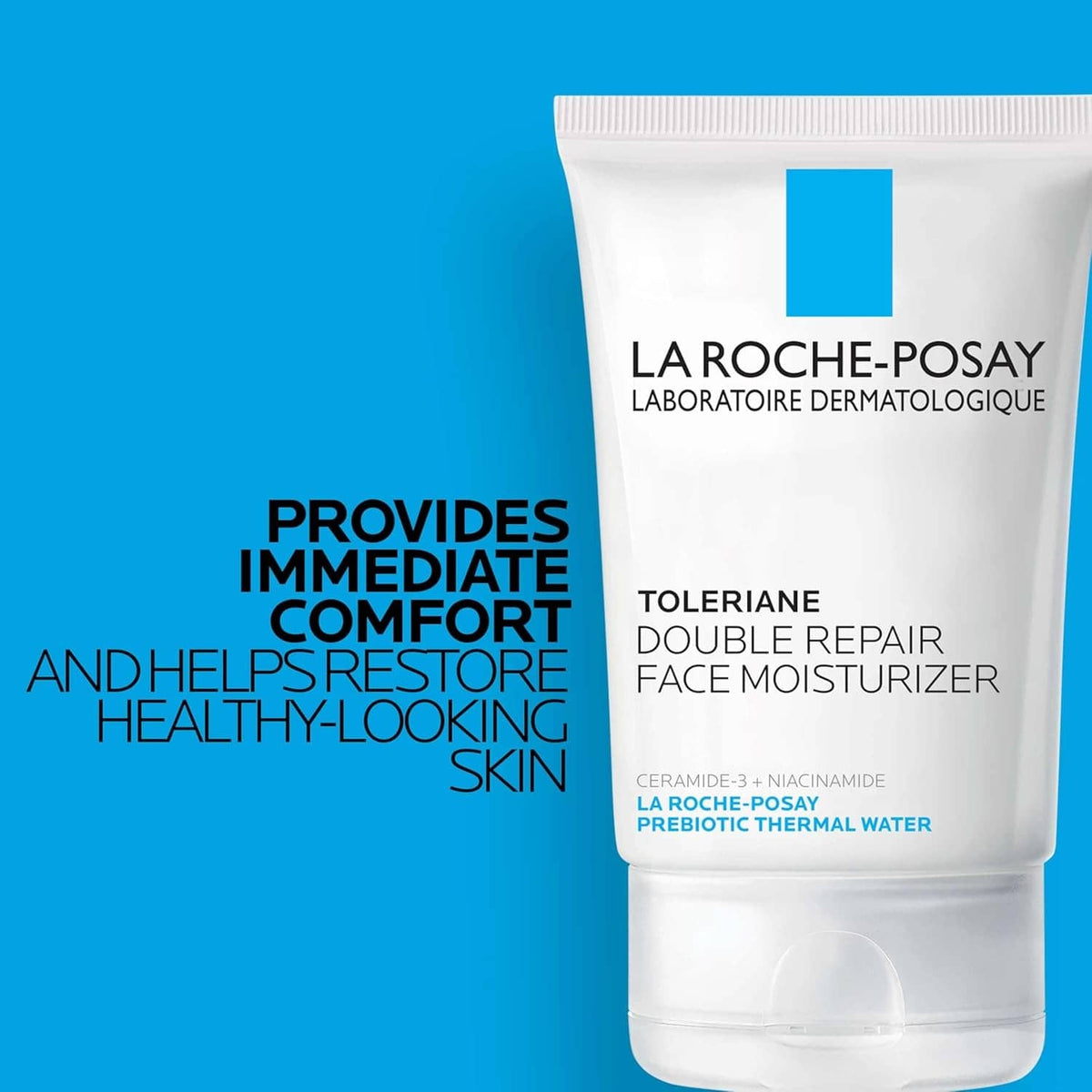 La Roche-Posay face moisturizer tube showing immediate comfort message
