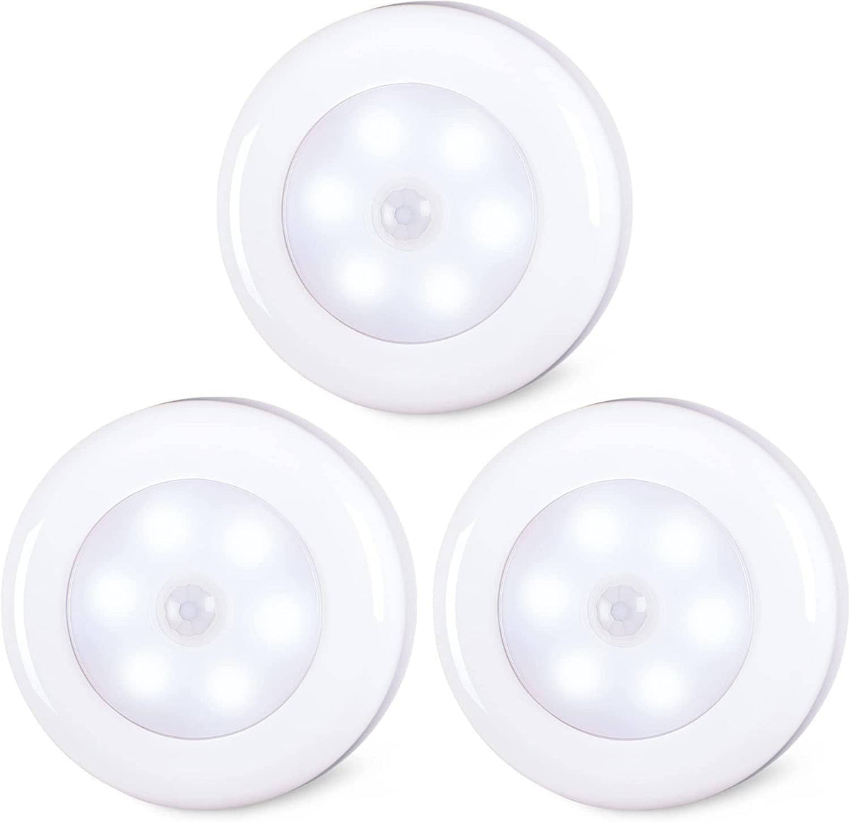 Set of three white LED motion sensor puck lights with built-in light sensor
