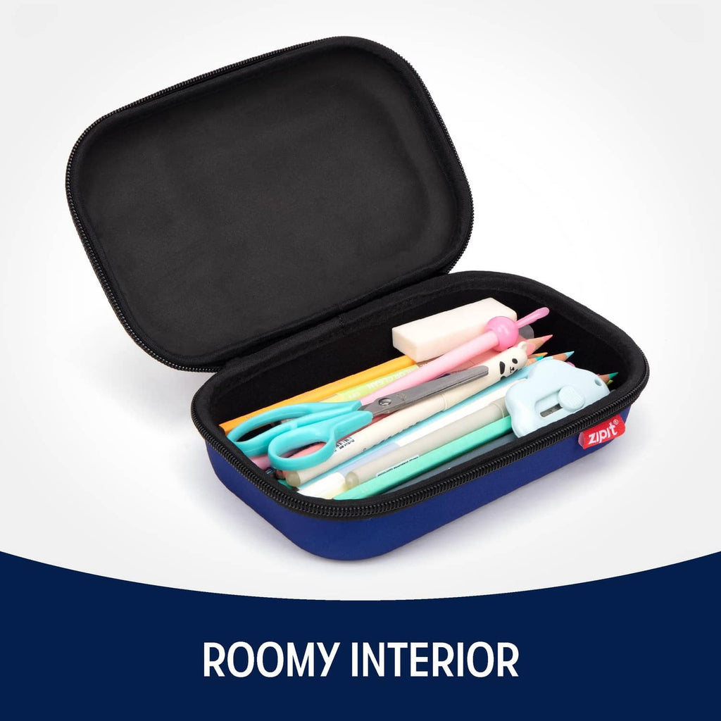 ZIPIT 3D pencil case open, showing roomy interior with pencils and school supplies.
