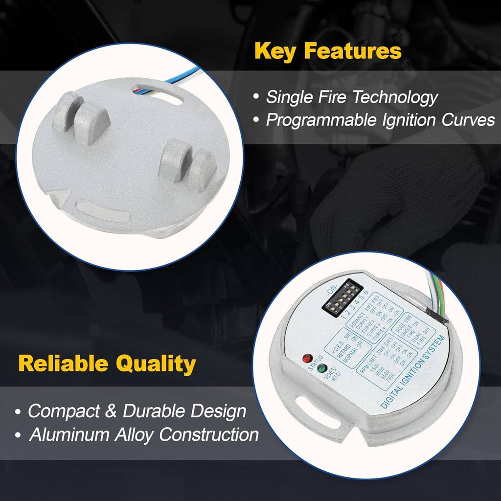 Electronic ignition module and connector pins, with key features callouts