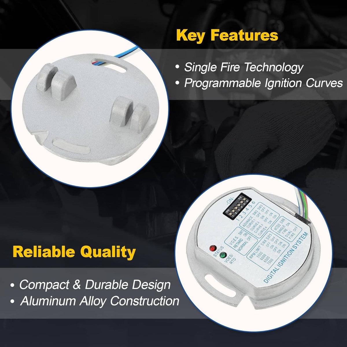 Electronic ignition module and connector pins, with key features callouts
