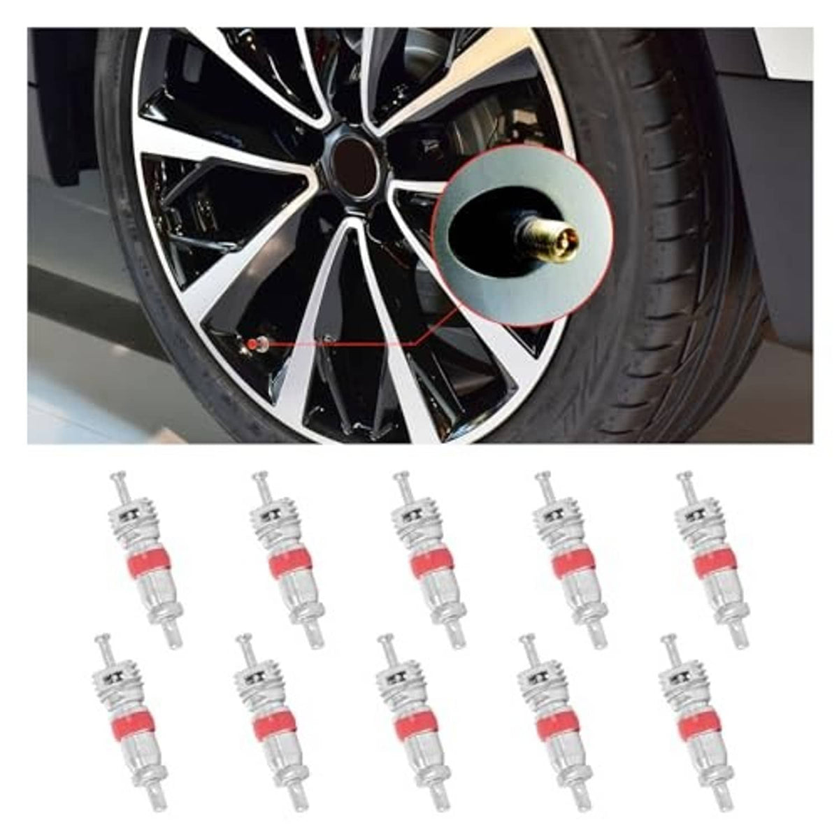Valve stem core set with silver metal parts and red rubber seal, shown in a group