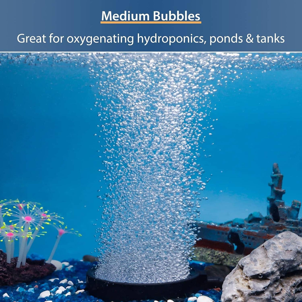 Water bubbling with medium bubbles from disc air stone diffuser