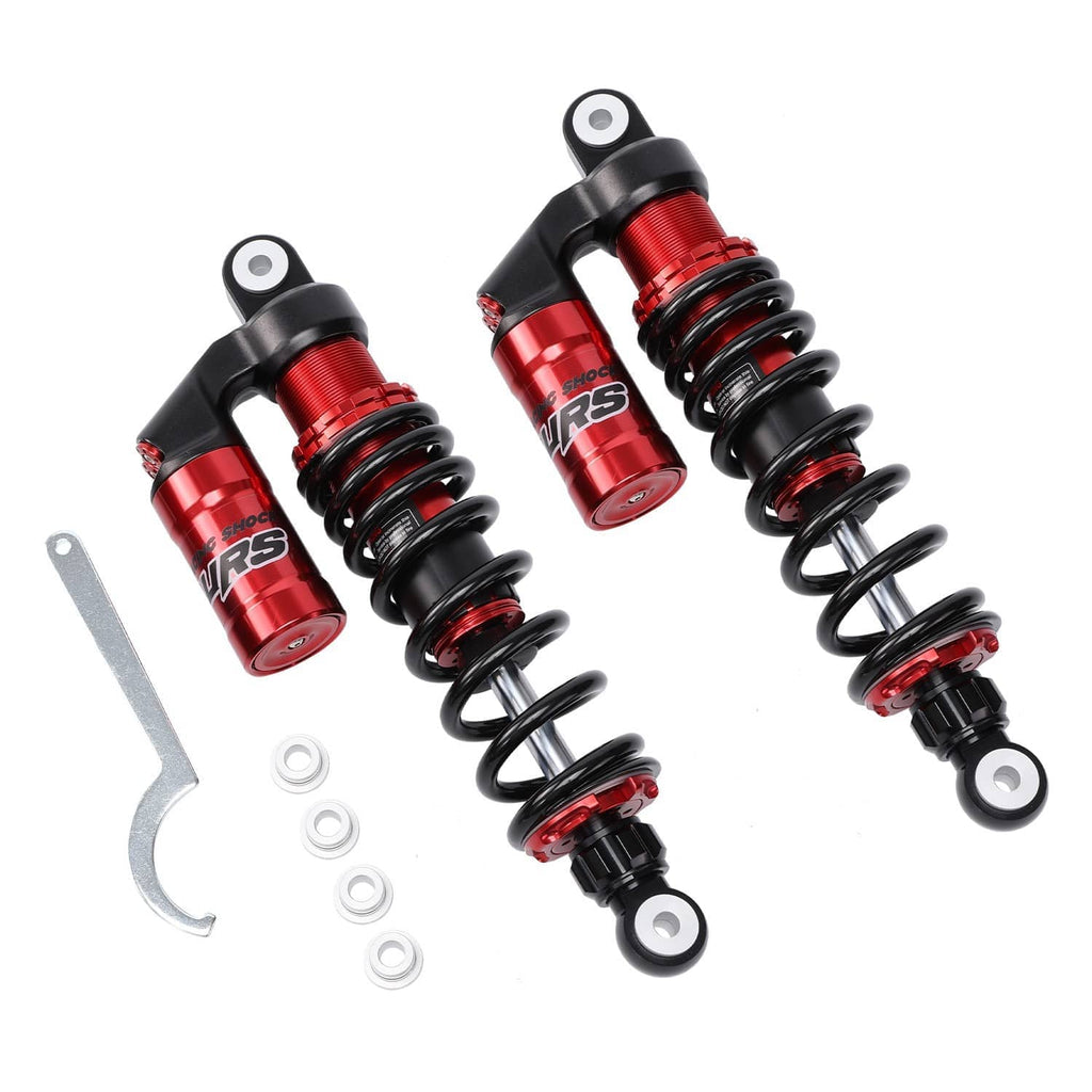 ATV front shock absorbers set with red reservoirs and black coils, with installation hardware
