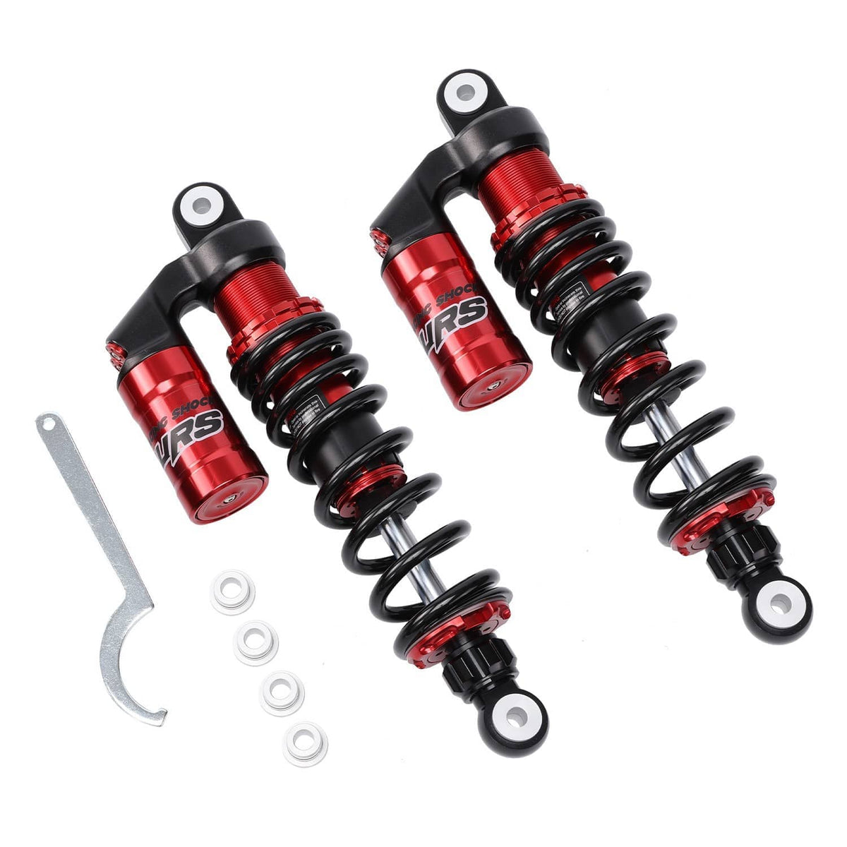 ATV front shock absorbers set with red reservoirs and black coils, with installation hardware