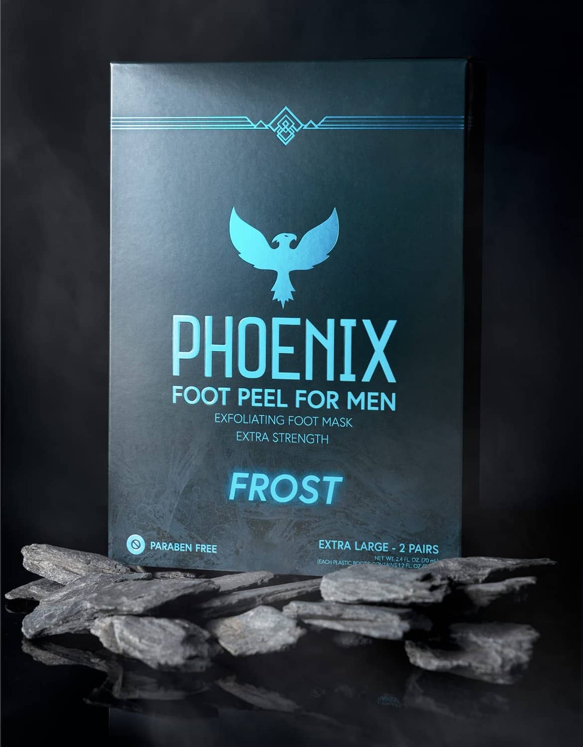 Men's extra-large foot peel mask box with Frost blue print and gel pieces