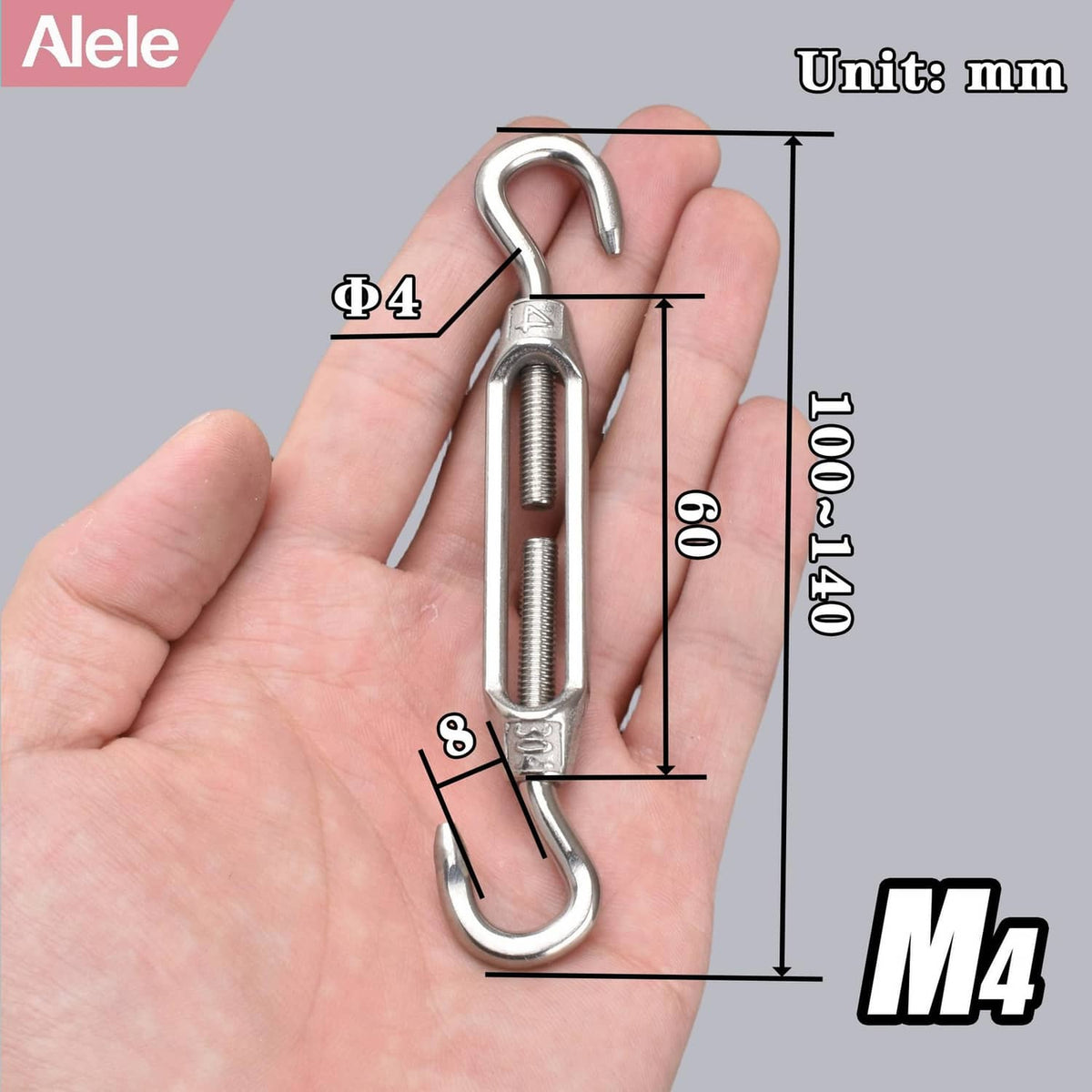 M4 stainless steel 304 turnbuckle with U hooks and threaded shaft for adjustment