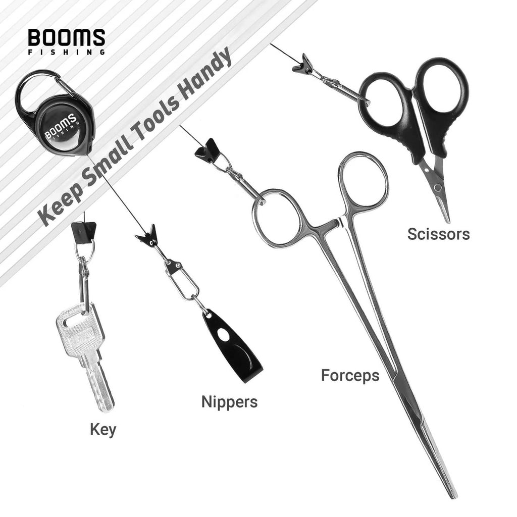 Retractable fly tool zinger set with scissors, forceps, and nippers