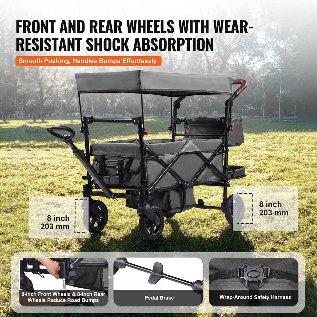 Double wagon stroller with dark gray canopy, front and rear wheels, safety harness