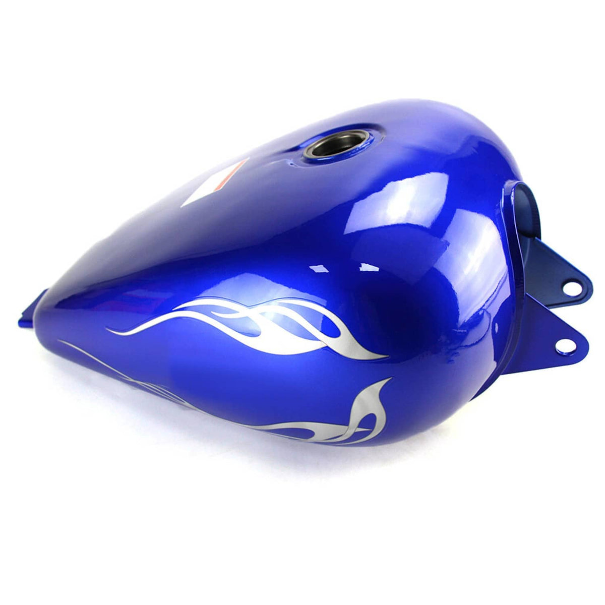 Blue motorcycle fuel tank with white swoosh graphic and side mounting tabs