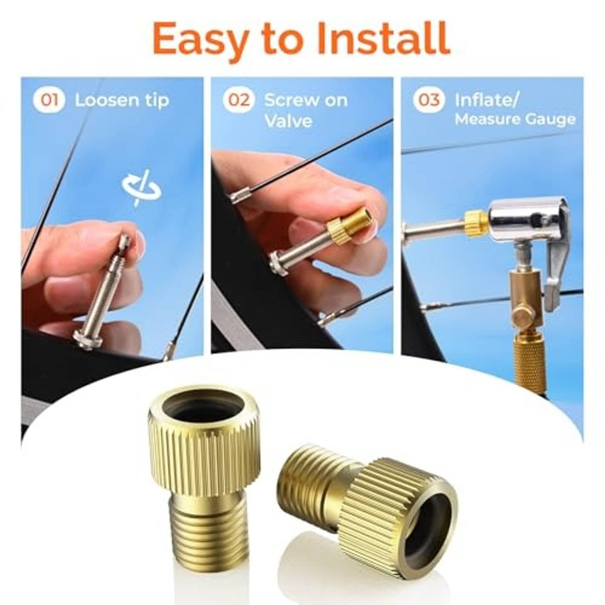 Brass valve adapter shown installing onto a valve stem with a measuring gauge.