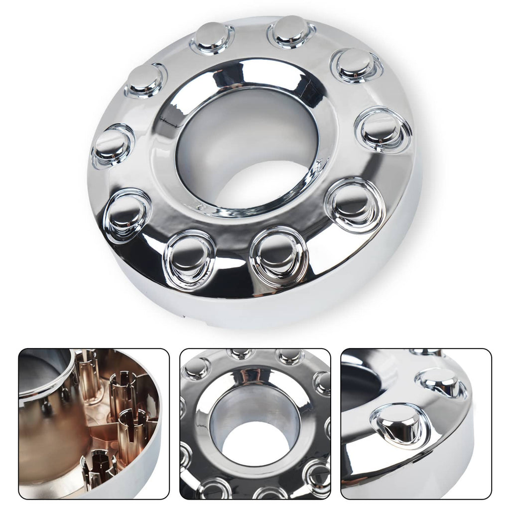 Chrome wheel hub center cap with circular opening and 10 bolt openings