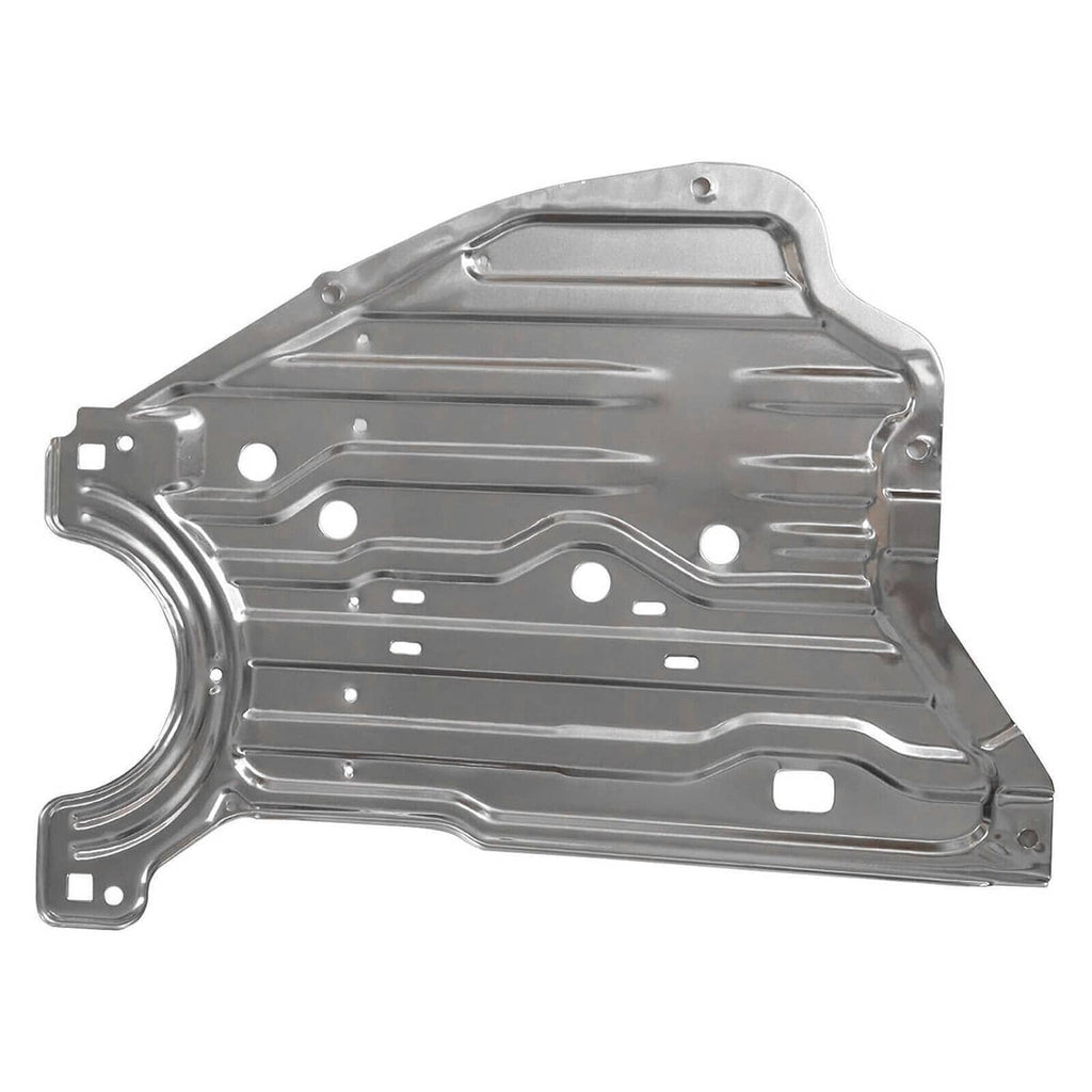 Engine splash guard under shield cover metal panel with cutouts and mounting holes