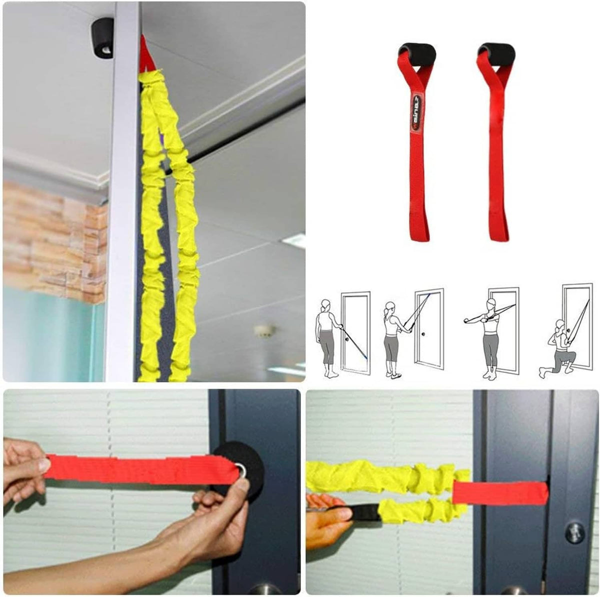 Yellow resistance band attached near a door with red training straps