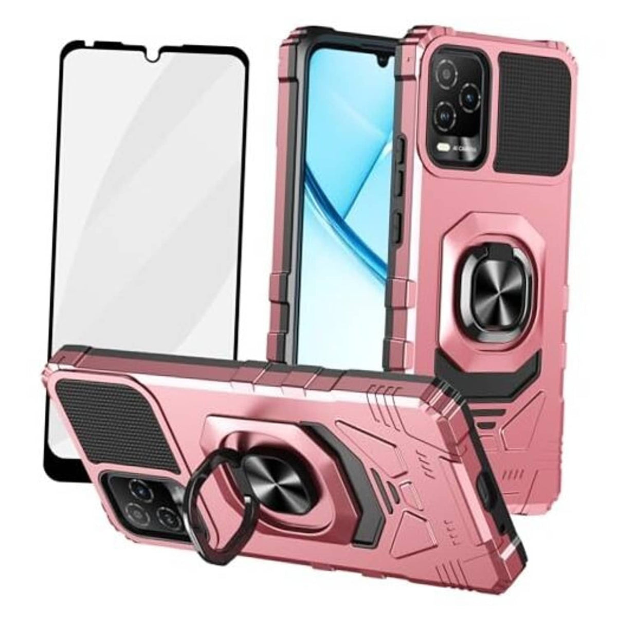 Rose gold rugged phone case with ring kickstand and screen protector for BLU View 5 Pro