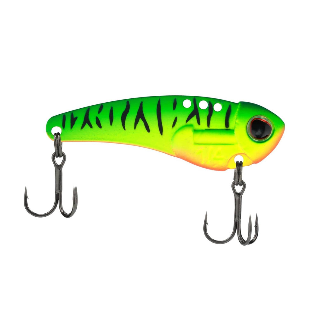 Berkley Thinfisher blade bait lure in green and yellow Firetiger pattern with two treble hooks