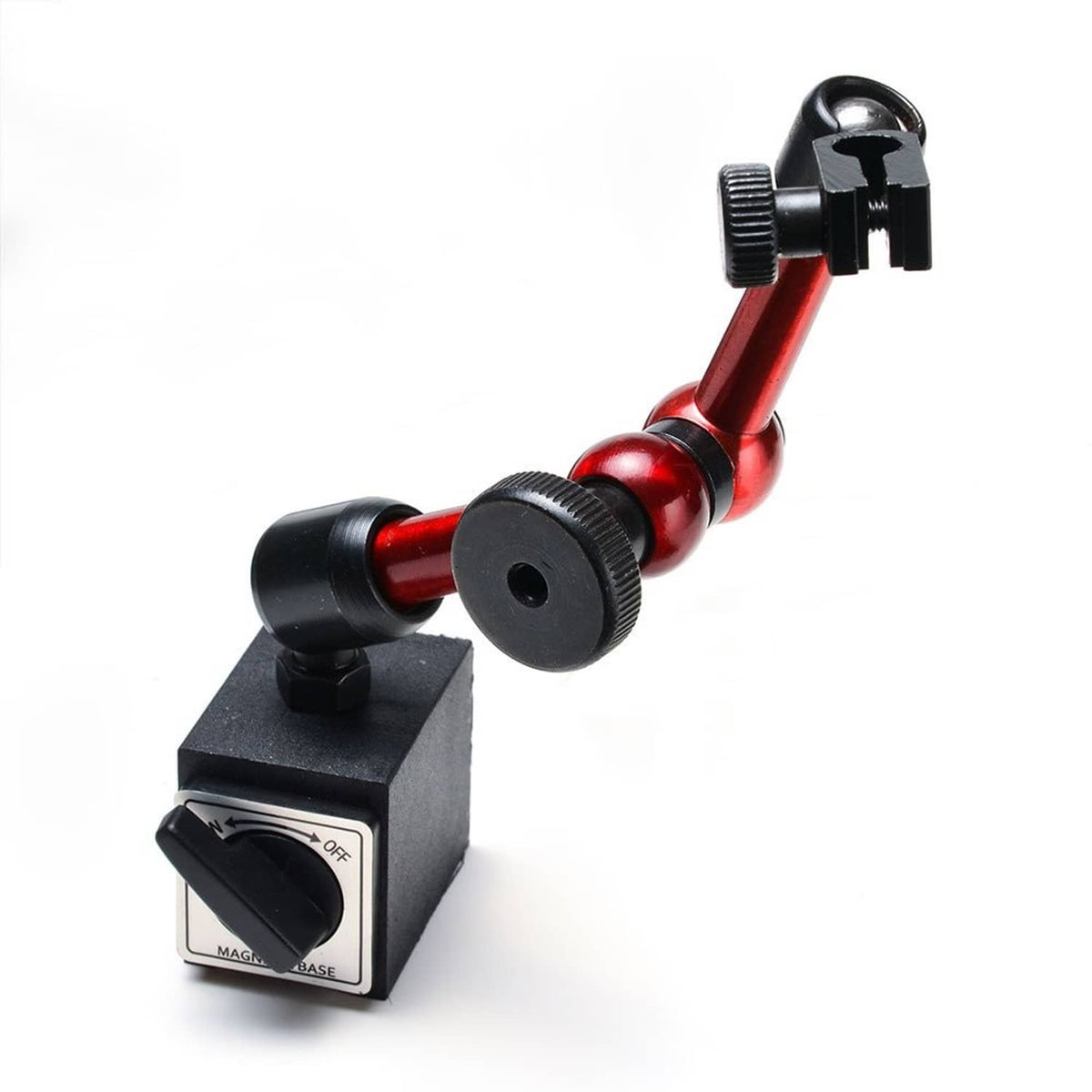 Adjustable magnetic dial holder with red multi-joint arm and black magnetic cube base