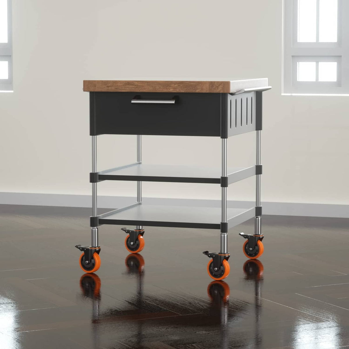 Rolling shelf with caster wheels: orange wheels with black threaded stems under the frame