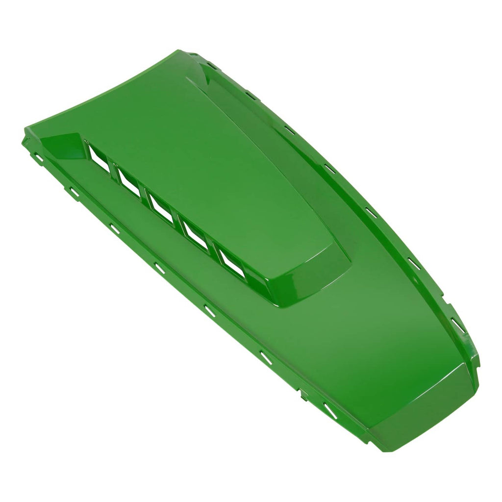 John Deere green tractor hood panel with vent slots and mounting holes