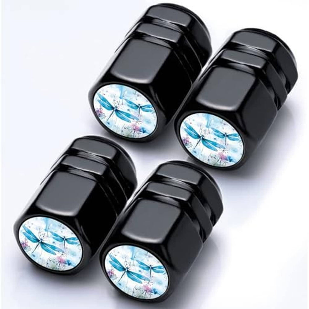 Four black valve caps for tire valve stems with round dragonfly decal panels
