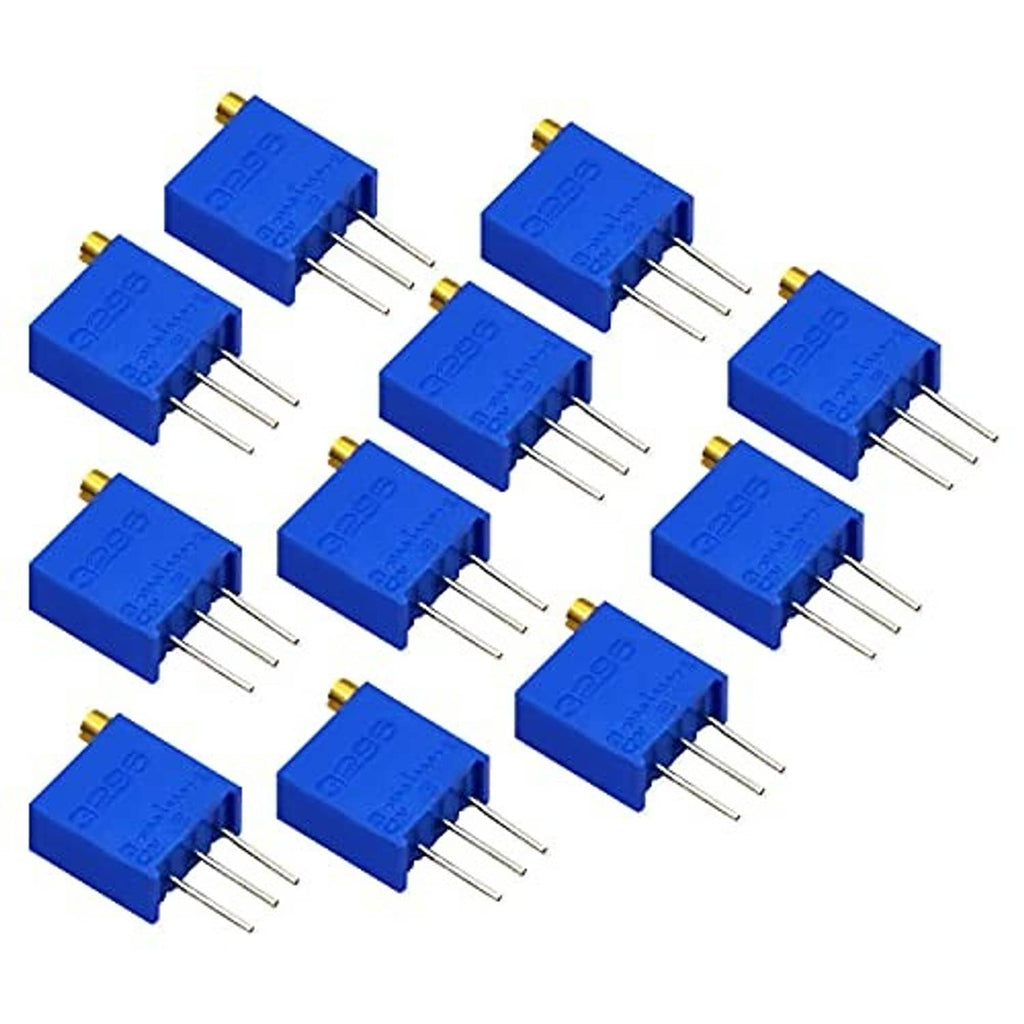 Scattered blue multiturn trimmer potentiometers with gold caps and 3-pin leads