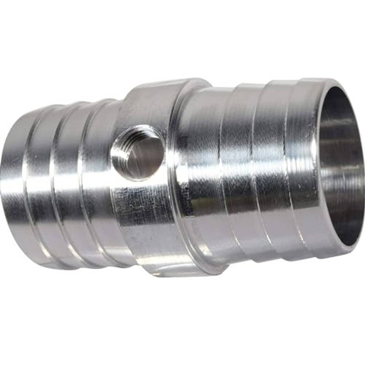 Radiator hose barb coupler, chrome metal with visible threaded NPT port and barb openings