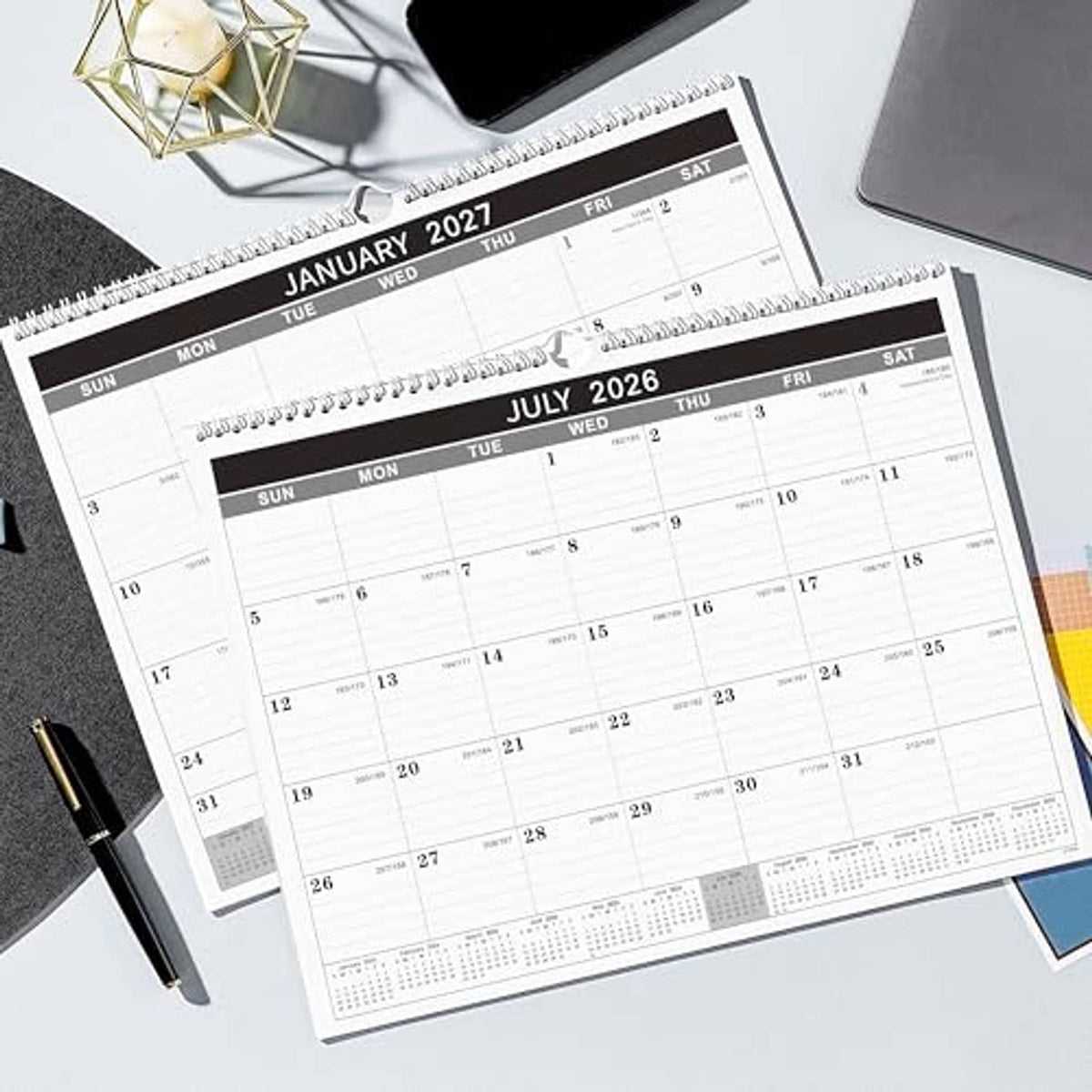 Two stacked wall calendar pages: January 2027 and July 2026 with date grids