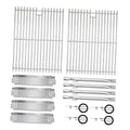 Stainless steel grill grate and heat shield replacement parts set with mounting rings