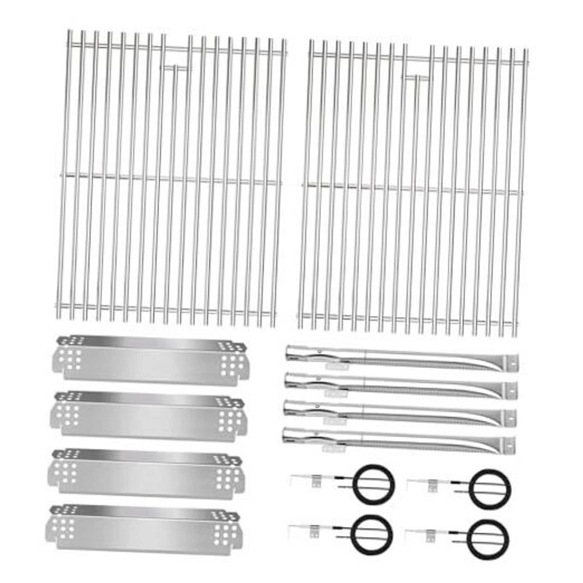 Stainless steel grill grate and heat shield replacement parts set with mounting rings
