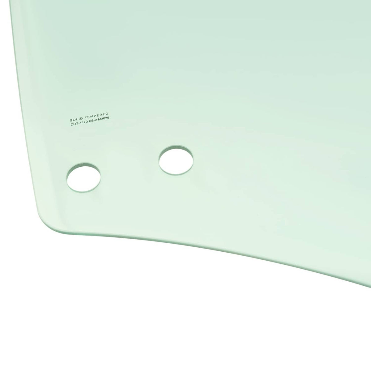 Light green glass door panel close-up with round mounting holes