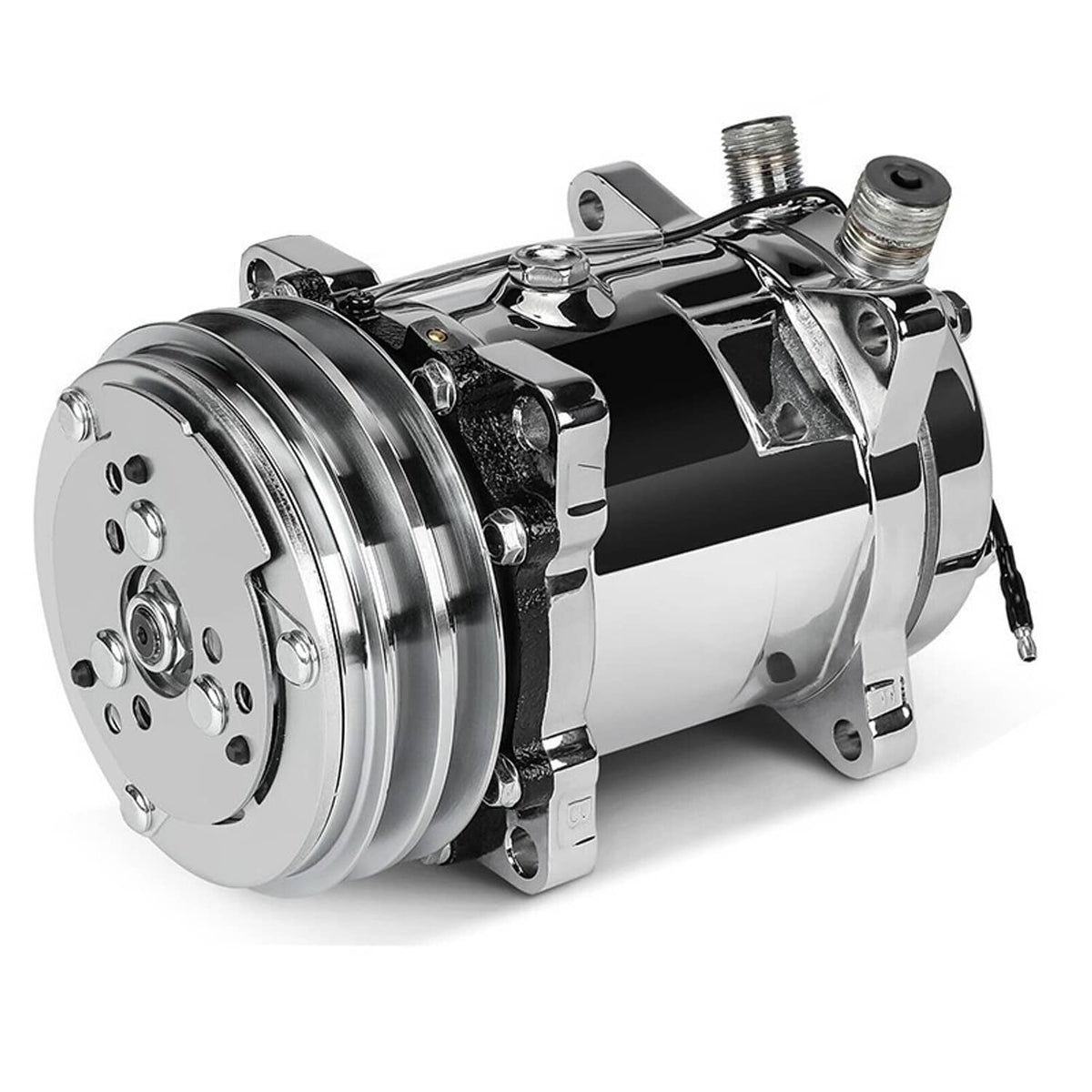 Chrome A/C compressor with pulley and clutch, aluminum housing and V-belt drive