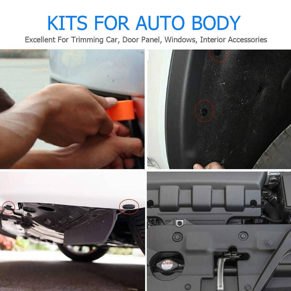 Car door panel retainer clip installation with orange pry tool and clips