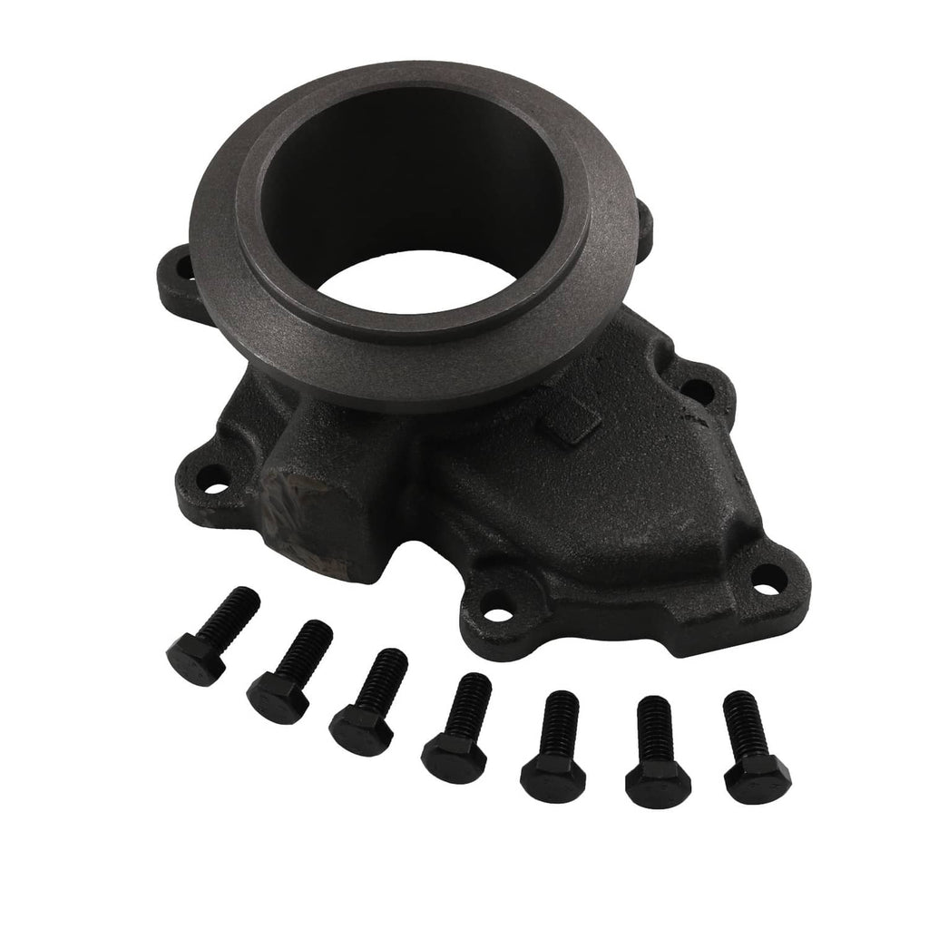 Cast-iron exhaust outlet housing with mounting studs and bolts, black