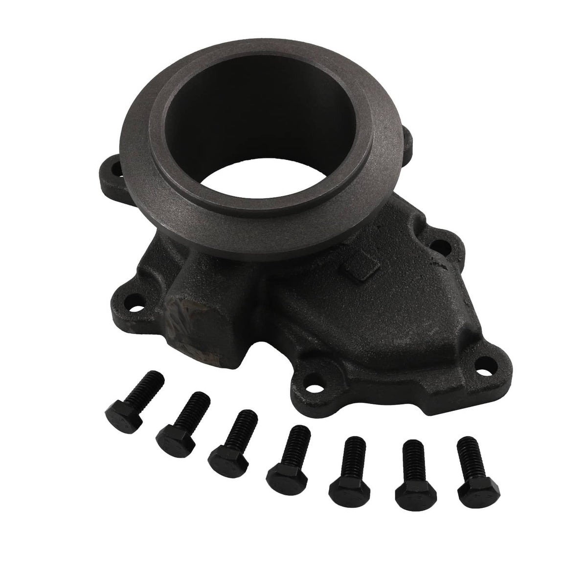 Cast-iron exhaust outlet housing with mounting studs and bolts, black