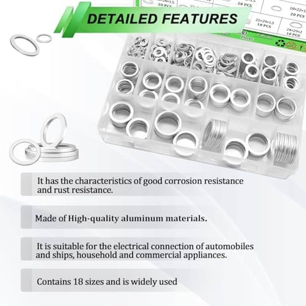 Plastic tray filled with aluminum oil drain plug crush washers with example washers