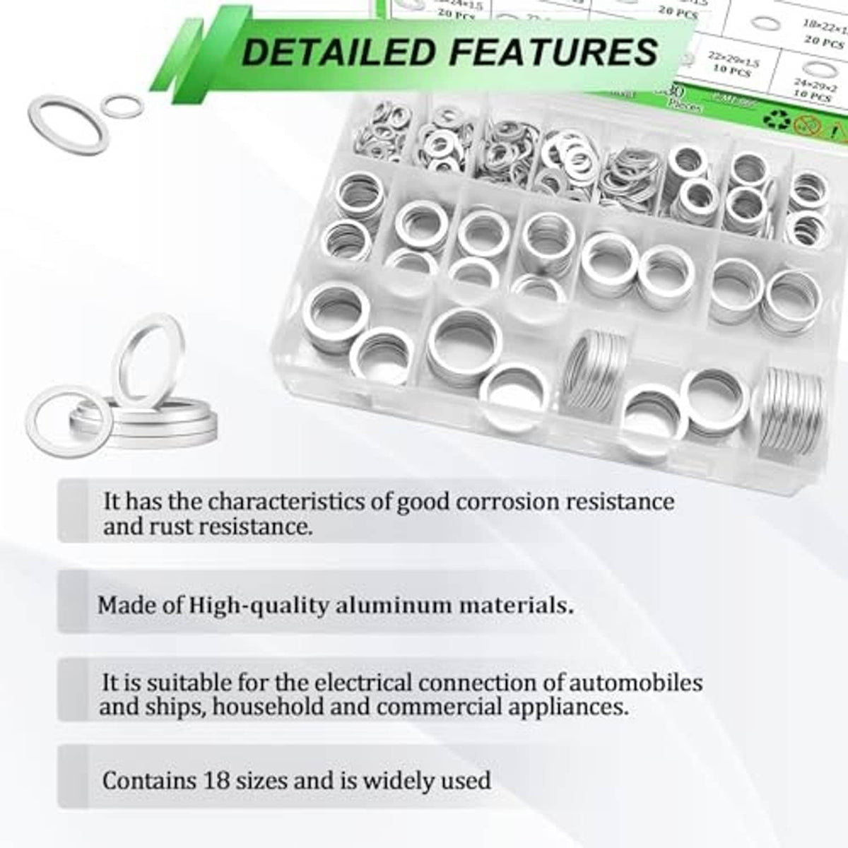 Plastic tray filled with aluminum oil drain plug crush washers with example washers