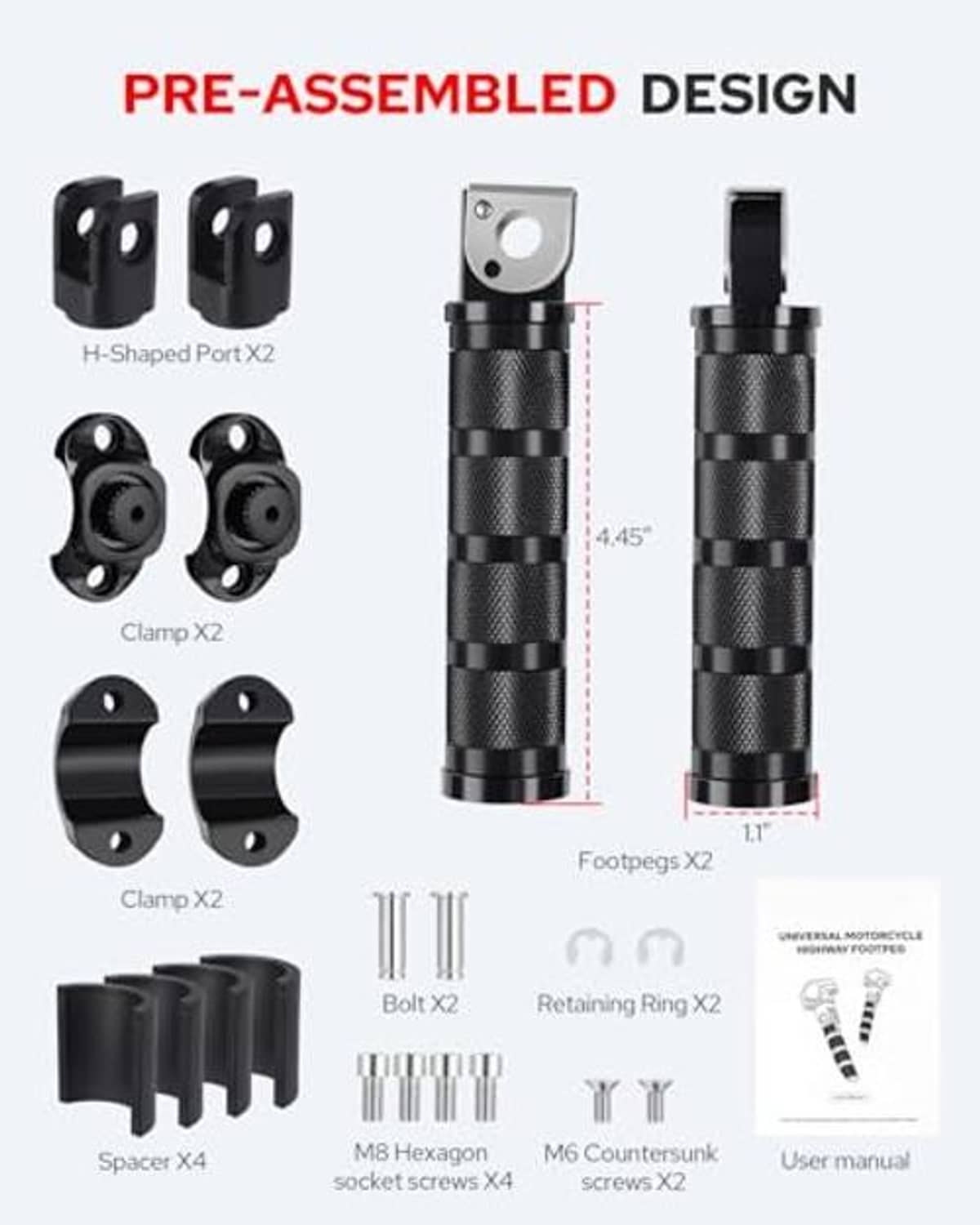 Motorcycle foot peg kit with pre-assembled clamps, spacers, bolts, and knurled bars
