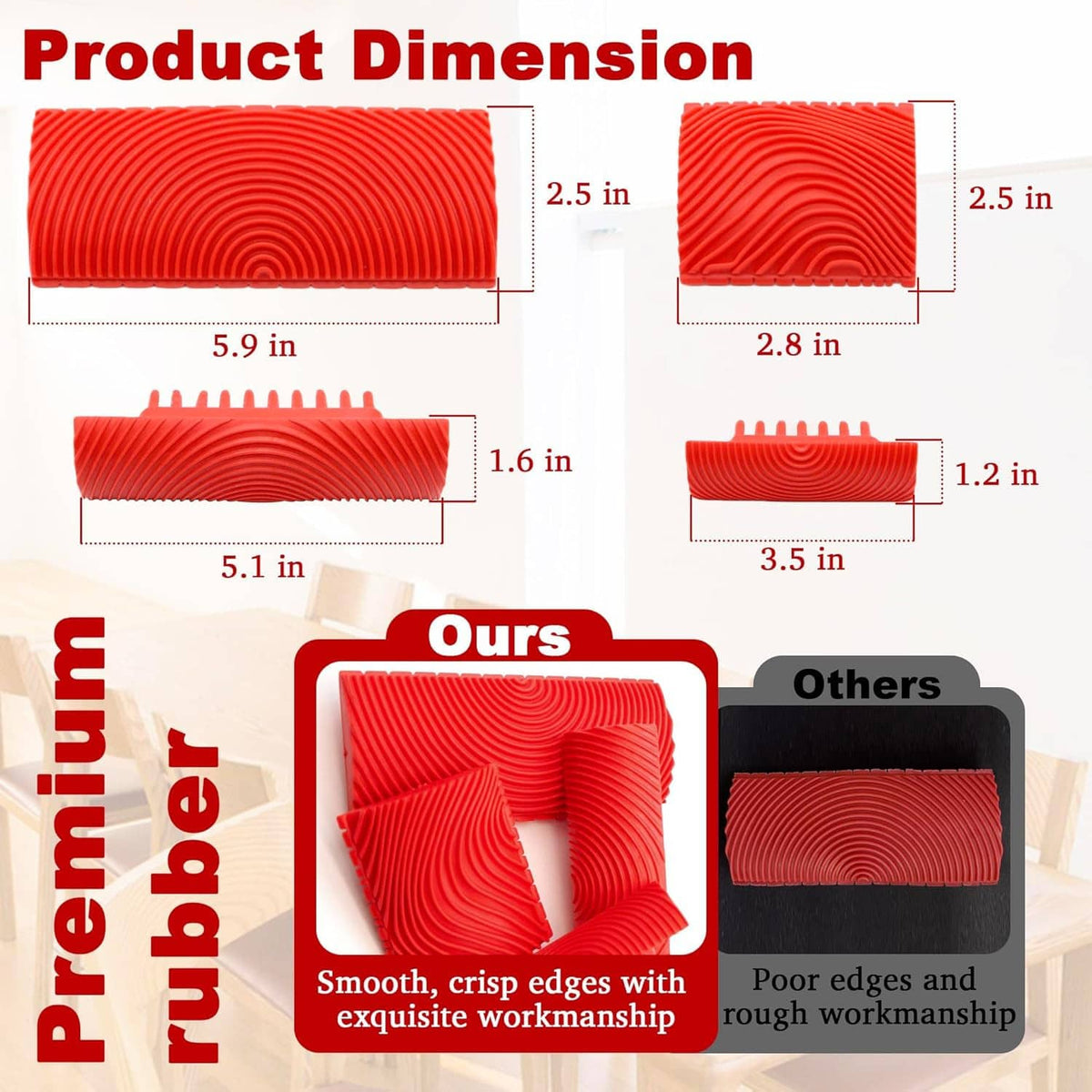 Red wood grain tool with curved serrated roller pattern for decorative painting