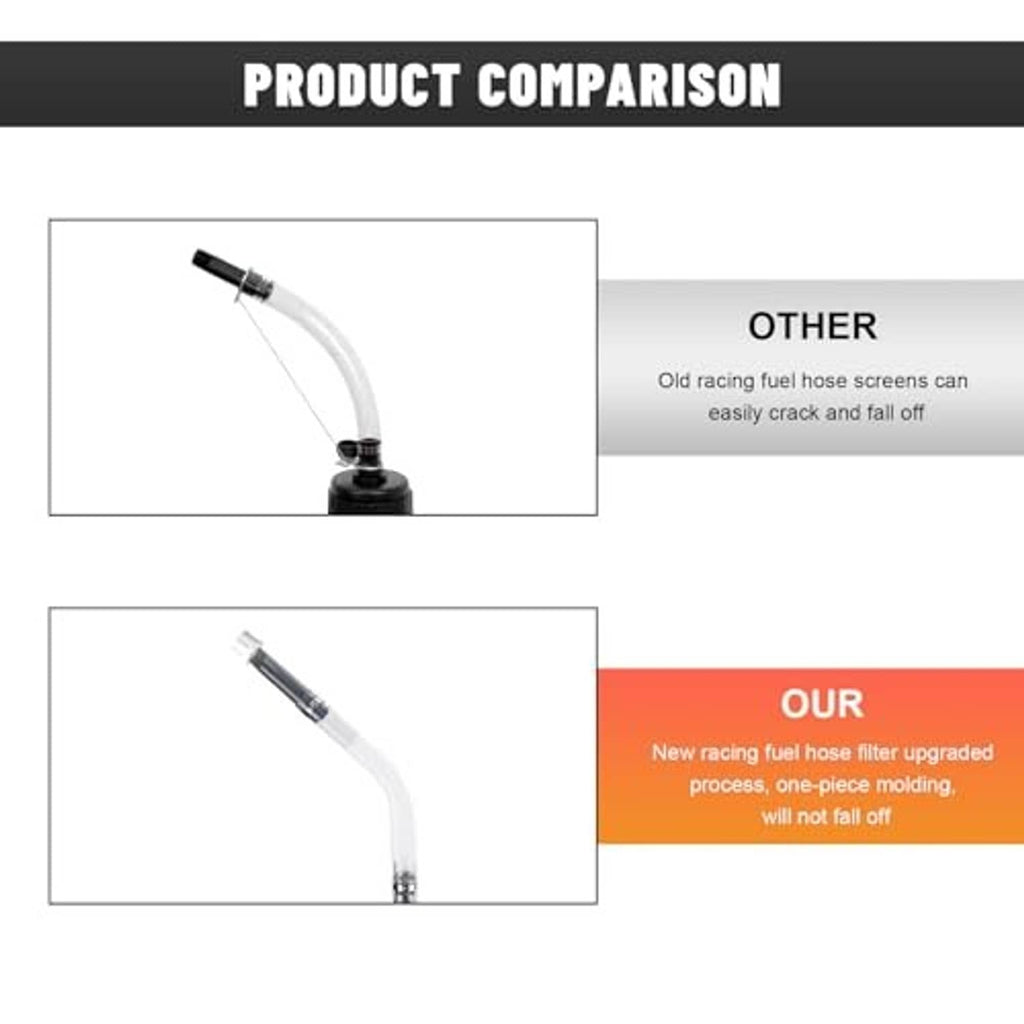 Fuel filler hose with clear flexible tube and black threaded end, comparison view
