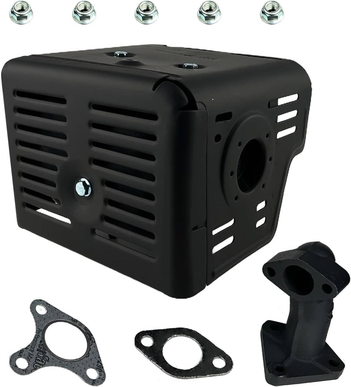 Black muffler silencer assembly with exhaust manifold pipe and hardware