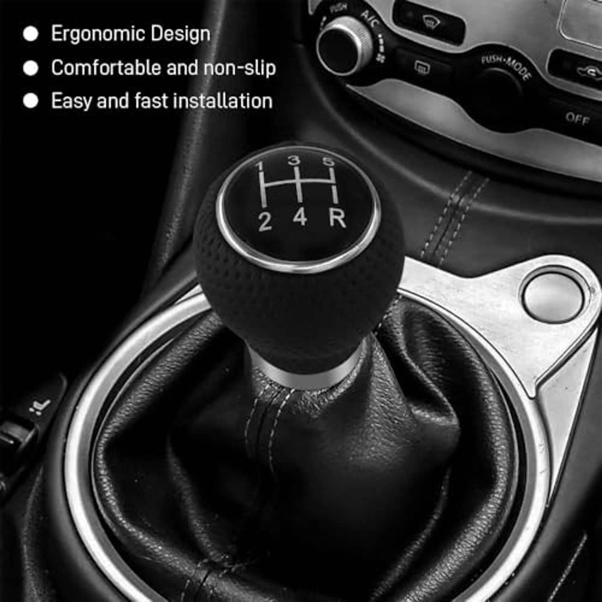 Black perforated gear shift knob with silver ring and numbered shift display 1-5/R