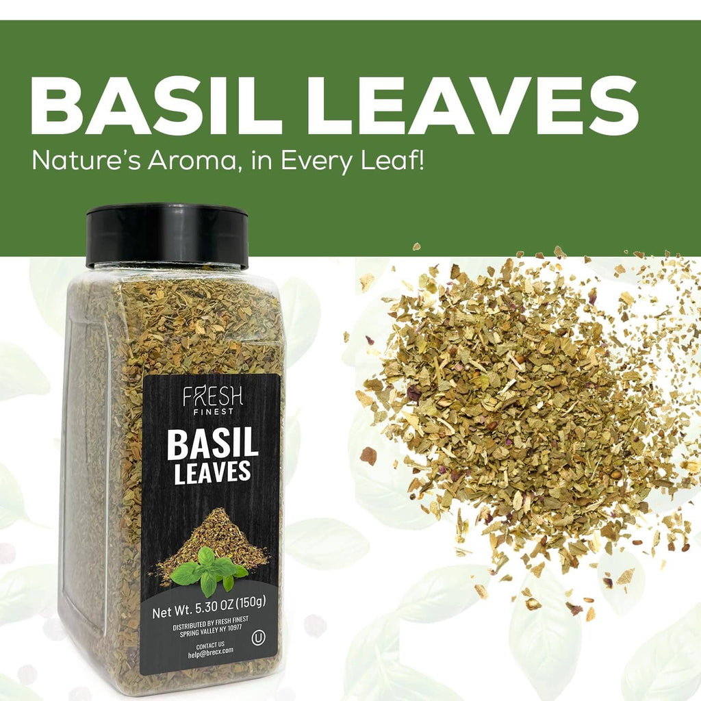 Dried basil leaves jar with scattered herb flakes on white background