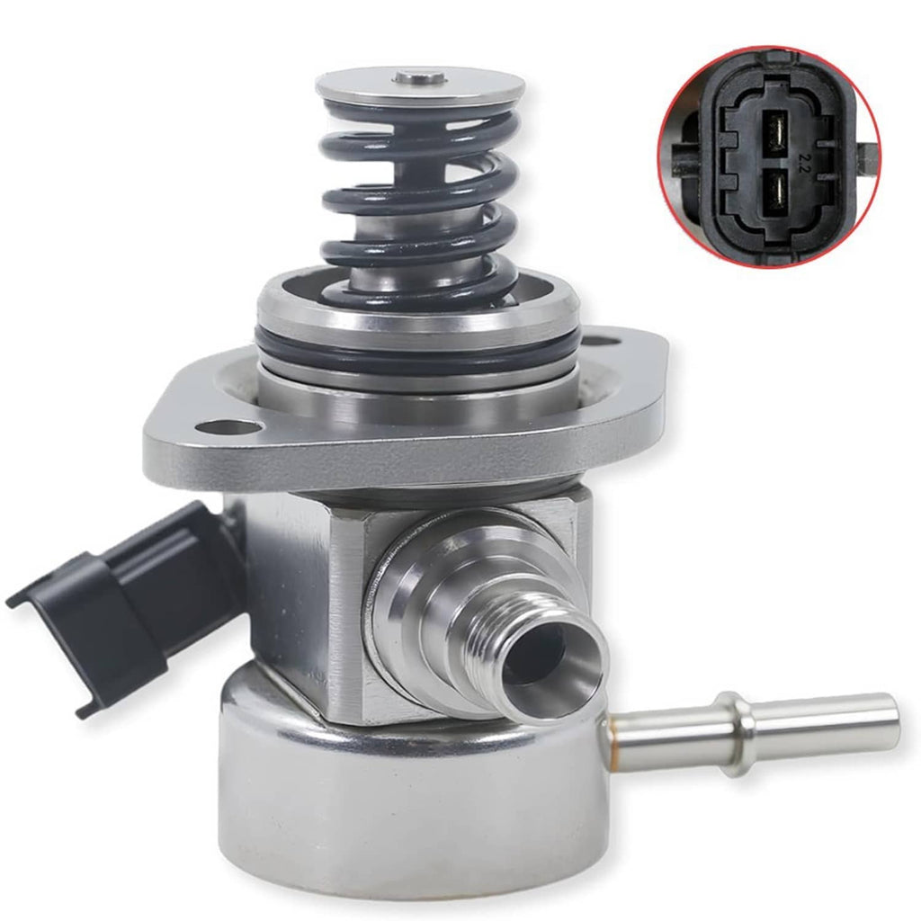 High pressure fuel pump assembly with spring top, electrical connector, and fuel outlet