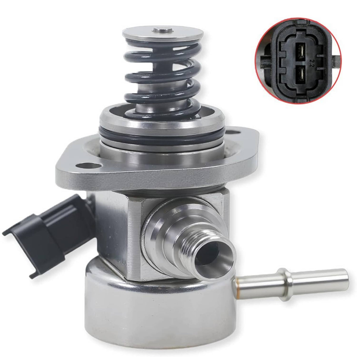 High pressure fuel pump assembly with spring top, electrical connector, and fuel outlet