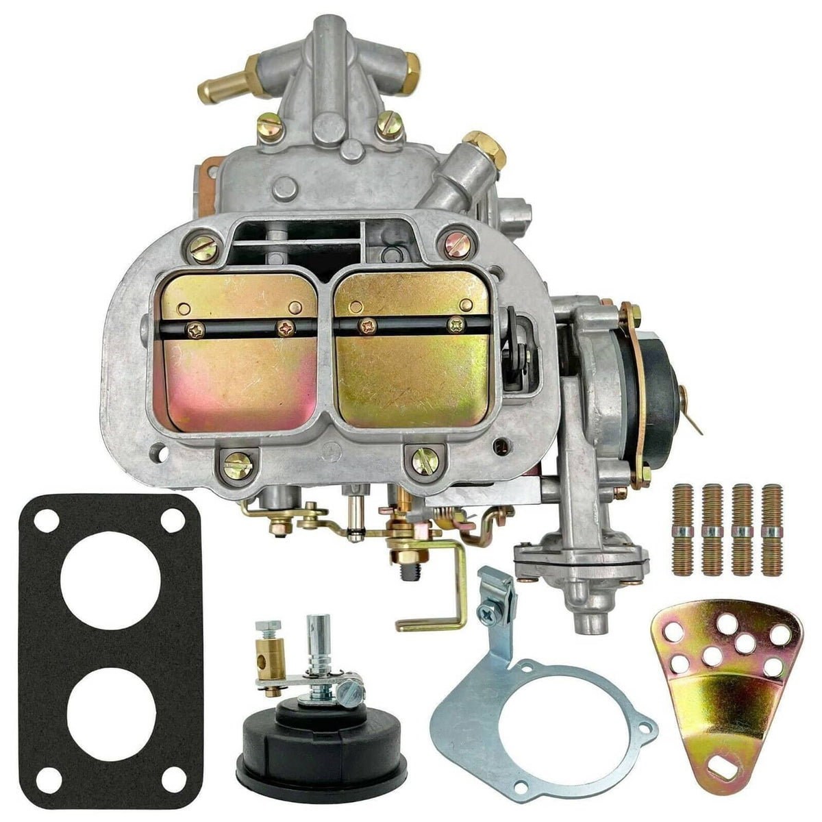 2-barrel carburetor front view with two oval fuel bowls and included hardware
