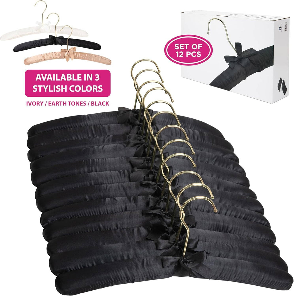 Pack of black fabric padded hangers with gold curved hooks, ribbon bow accents