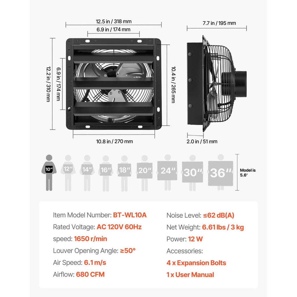 Black 10-inch wall exhaust fan dimensions diagram with mounting bolt layout