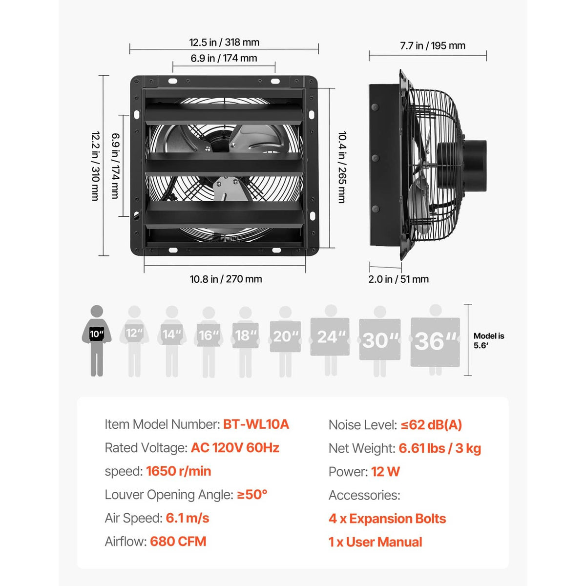Black 10-inch wall exhaust fan dimensions diagram with mounting bolt layout