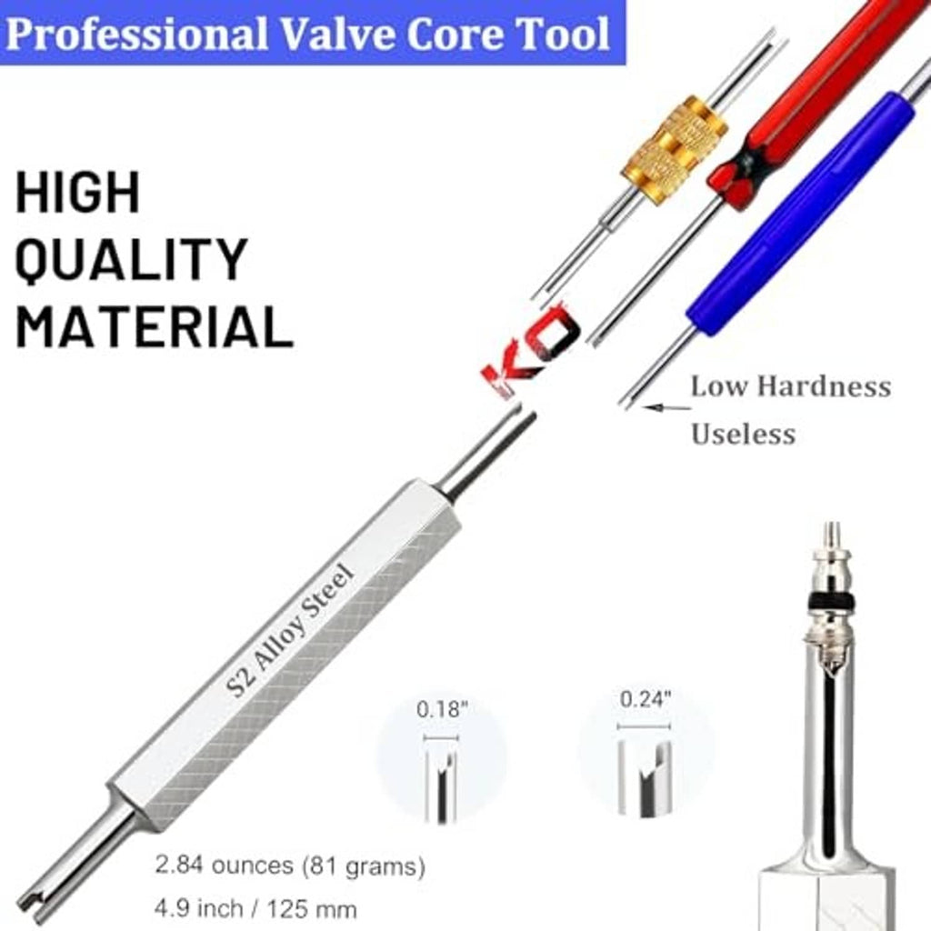 Valve core removal tool with alloy steel shaft and labeled core sizes