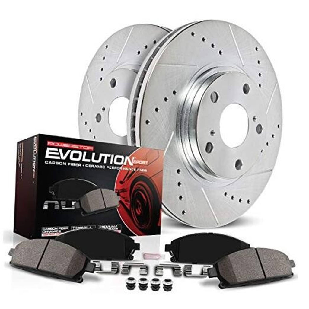 Drilled and slotted brake rotor pair with brake pads and small hardware parts
